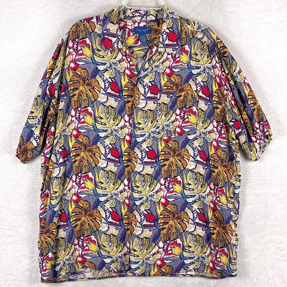 VTG Towncraft JC Penney Hawaiian Shirt Men XL Multicolor Palm AOP Rayon Aloha